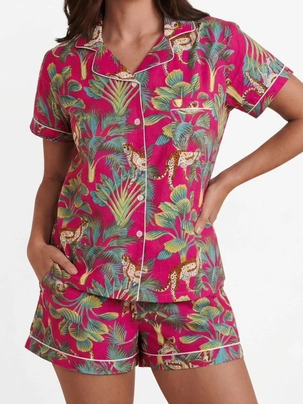 Women's Magenta Tropical Print Short Pajama Set